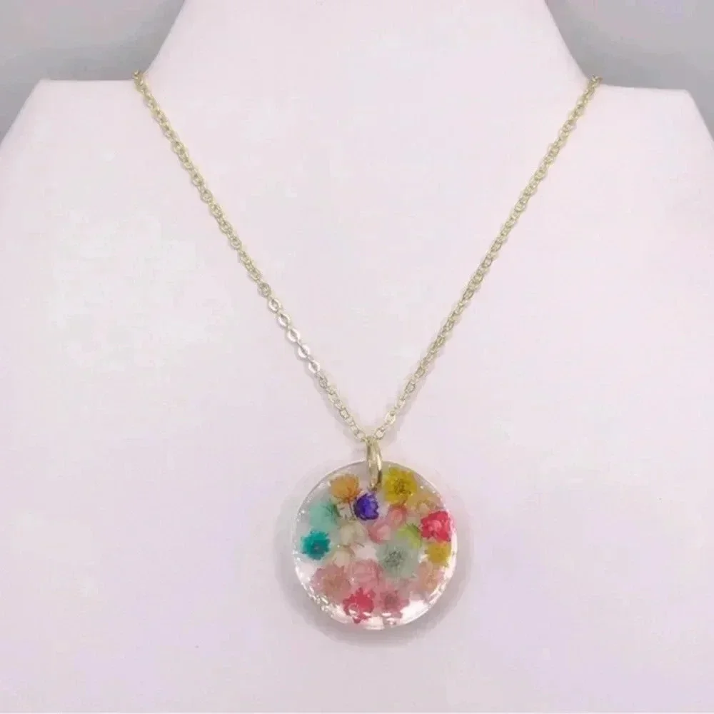 Handmade Real Colorful Dried Flowers Floral Circle Prairie Gold Necklace New